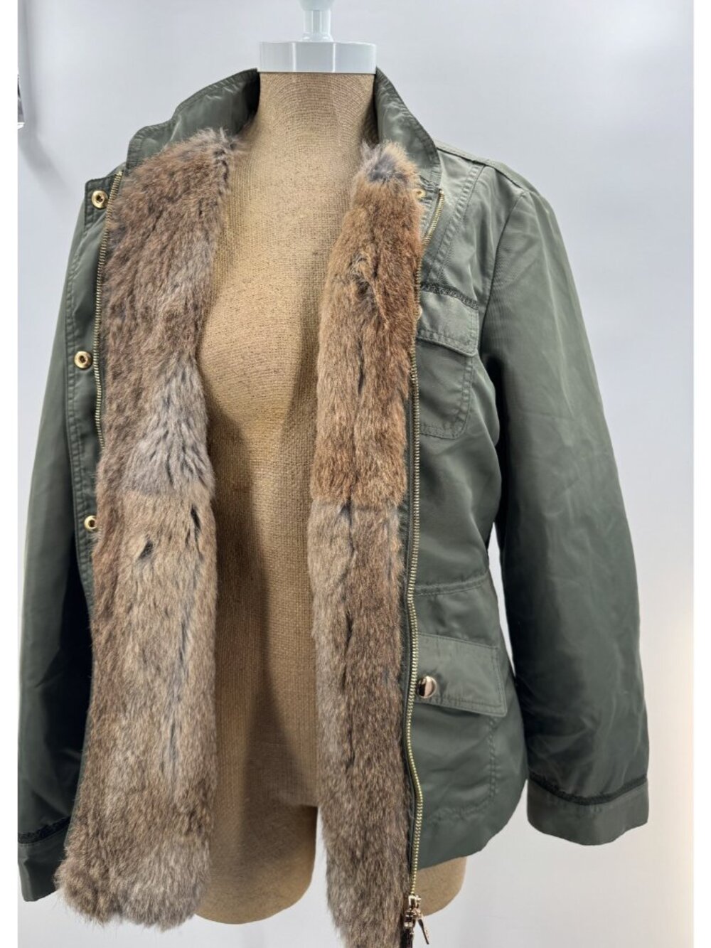 Tory Burch Military Green Coat Genuine Fur Removable Lining Jacket Vest Sz 14